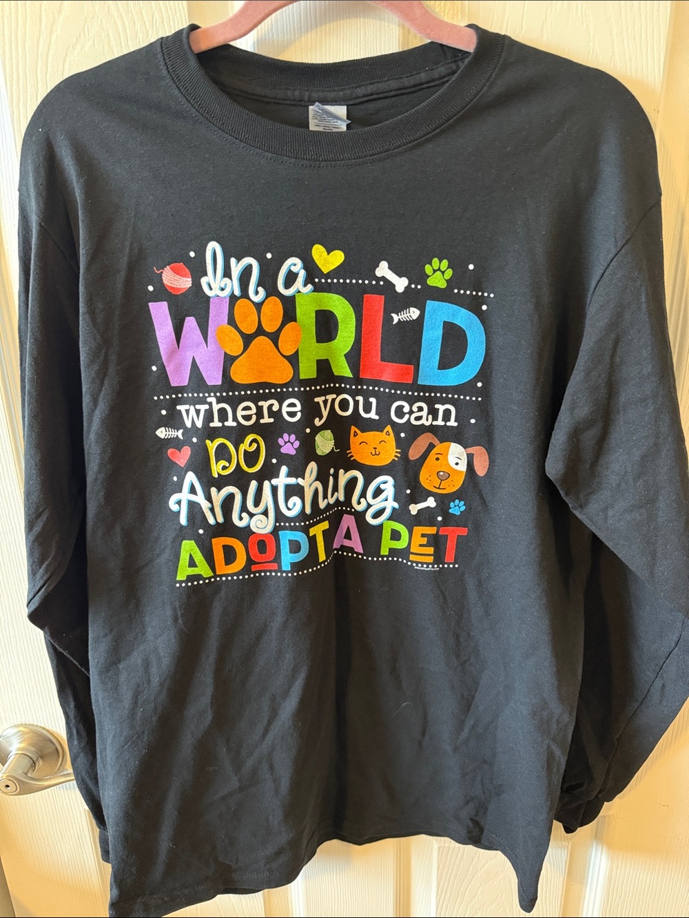 Gildan Black Long-Sleeve Dog Adoption Graphic Tee with Multicolor Print